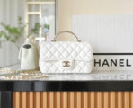 MINI RECTANGLE FLAP BAG TOP HANDLE 20CM WHITE LAMBSKIN SILVER HARDWARE - Image 3