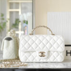 MINI RECTANGLE FLAP BAG TOP HANDLE 20CM WHITE LAMBSKIN SILVER HARDWARE - Image 2