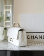 MINI RECTANGLE FLAP BAG TOP HANDLE 20CM WHITE LAMBSKIN SILVER HARDWARE - Image 5
