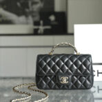 MINI RECTANGLE FLAP BAG TOP HANDLE 20CM BLACK LAMBSKIN SILVER HARDWARE