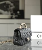 MINI RECTANGLE FLAP BAG TOP HANDLE 20CM BLACK LAMBSKIN SILVER HARDWARE - Image 6