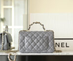MINI RECTANGLE FLAP BAG TOP HANDLE 20CM GREY LAMBSKIN SILVER HARDWARE - Image 7