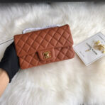 CC 20 CLASSIC SMALL DOUBLE FLAP BAG IN CARAMEL BROWN CALFSKIN - Image 3