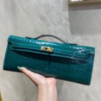 KELLY CUT 31 IN PINE GREEN SHINNY  CROCO-EMBOSSED WITH GOLD HARDWARE