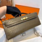 KELLY CUT 31 IN MOCHA BROWN CROCO-EMBOSSED  WITH GOLD HARDWARE