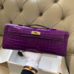 KELLY CUT 31 IN VIOLET PURPLE CROCO-EMBOSSED  WITH GOLD HARDWARE