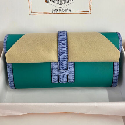 JIGE ELAN 29 CLUTCH IN TEAL GREEN  WITH ROYAL BLUE LIZARD SKIN