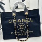 CC DEAUVILLE LARGE 38 TOTE BAG IN BLACK CANVAS WITH GOLD EMBROIDERED LOGO