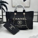 CC DEAUVILLE LARGE 38 TOTE BAG IN BLACK CANVAS WITH WHITE LOGO EMBROIDERED - Image 2