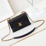 PEARL ATTACHED FLAP BAG 19 IN BLACK QUILTED  GOLD HARDWARE