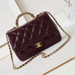 FLAP BAG WITH TOP HANDLE 25 IN WINE RED OIL-WAX LAMBSKIN GOLD HARDWARE - Image 2