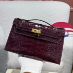 KELLY MINI 22 BORDEAUX RED CROCO-EMBOSSED GOLD BUCKLE