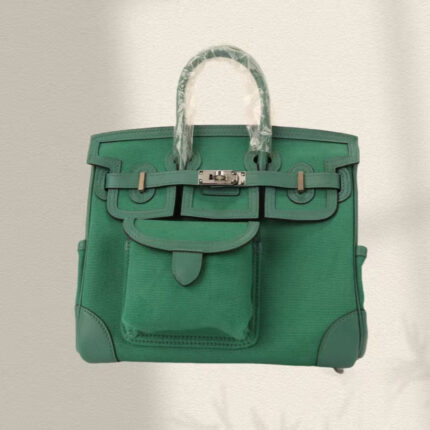 BIRKIN CARGO 25CM GREEN CANVAS AND  SILVER HARDWARE