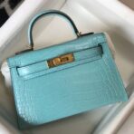 HERM Kelly Mini II Bag In Blue Atoll Embossed Crocodile