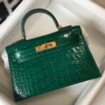 HERM Kelly Mini II Bag In Green Embossed Crocodile
