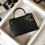 HERM Kelly Mini II Bag In Black Embossed Crocodile - Image 2