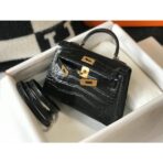 HERM Kelly Mini II Bag In Black Embossed Crocodile - Image 4
