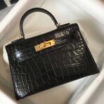 HERM Kelly Mini II Bag In Black Embossed Crocodile