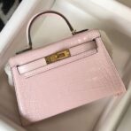 HERM Kelly Mini II Bag In Rose Dragee Embossed Crocodile