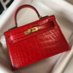 HERM Kelly Mini II Bag In Red Embossed Crocodile