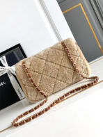 MEDIUM FLAP BAG 23 IN BEIGE WOOL AND GINGER ORANGE CALFSKIN GOLD HARDWARE - Image 8