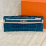 KELLY CUT 31 IN CLASSIC BLUE SHINNY  CROCO-EMBOSSED WITH SILVER HARDWARE