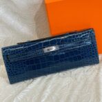 KELLY CUT 31 IN NAVY BLUE SHINNY CROCO-EMBOSSED  WITH SILVER HARDWARE