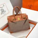 QUADRILLE BIRKIN 30CM IN GOLD SWIFT  AND BLACK/WHITE/BROWN TOILE CANVAS
