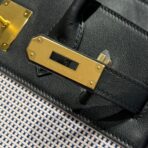 QUADRILLE BIRKIN 30CM IN BLACK SWIFT  WHITE BLUE PINK PLAID TOILE CANVAS - Image 4