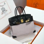 QUADRILLE BIRKIN 30CM IN BLACK SWIFT  WHITE BLUE PINK PLAID TOILE CANVAS