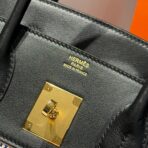 QUADRILLE BIRKIN 30CM IN BLACK SWIFT  WHITE BLUE PINK PLAID TOILE CANVAS - Image 9