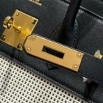 QUADRILLE BIRKIN 30CM IN BLACK SWIFT  WHITE BLACK PLAID TOILE CANVAS - Image 4