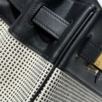 QUADRILLE BIRKIN 30CM IN BLACK SWIFT  WHITE BLACK PLAID TOILE CANVAS - Image 5