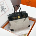 QUADRILLE BIRKIN 30CM IN BLACK SWIFT  WHITE BLACK PLAID TOILE CANVAS