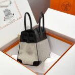 QUADRILLE BIRKIN 30CM IN BLACK SWIFT  WHITE BLACK PLAID TOILE CANVAS - Image 3