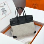 QUADRILLE BIRKIN 30CM IN BLACK SWIFT  WHITE BLACK PLAID TOILE CANVAS - Image 2