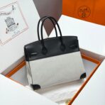 QUADRILLE BIRKIN 30CM IN BLACK SWIFT  WHITE TOILE CANVAS - Image 2