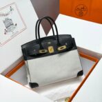 QUADRILLE BIRKIN 30CM IN BLACK SWIFT  WHITE TOILE CANVAS