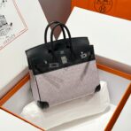 QUADRILLE BIRKIN 25CM IN BLACK SWIFT  WHITE BLUE PINK PLAID TOILE CANVAS