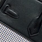 QUADRILLE BIRKIN 25CM IN BLACK SWIFT  WHITE BLUE PINK PLAID TOILE CANVAS - Image 5