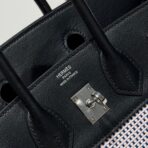 QUADRILLE BIRKIN 25CM IN BLACK SWIFT  WHITE BLUE PINK PLAID TOILE CANVAS - Image 7