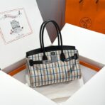 BIRKIN SHOULDER 29 IN BLACK  ÉCRU/NOIR/FAUVE/NOIR/BLEU ZANZIBAR EMBROIDERY PLAID CANVAS