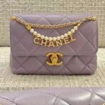 CC MINI 22 FLAP BAG IN LIGHT PURPLE CALFSKIN GOLD HARDWARE WITH PEARL CHAIN - Image 2