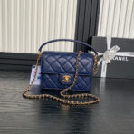RETRO STYLE FLAP BAG 19 IN NAVY BLUE GRAINED CALFSKIN GOLD HARDWARE - Image 2