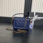 RETRO STYLE FLAP BAG 19 IN NAVY BLUE GRAINED CALFSKIN GOLD HARDWARE - Image 8