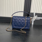 RETRO STYLE FLAP BAG 22 IN NAVY BLUE GRAINED  GOLD HARDWARE - Image 4