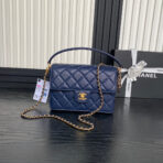 RETRO STYLE FLAP BAG 22 IN NAVY BLUE GRAINED  GOLD HARDWARE