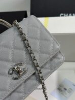 FLAP BAG WITH SILVER-TONE HANDLE 19 IN GREY SHINY CAVIAR SKIN - Image 9