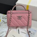 MINI VANITY TOP HANDLE CASE 17 IN PINK CAVIAR SKIN SILVER-TONE PLATED METAL - Image 2