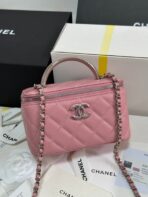 MINI VANITY TOP HANDLE CASE 17 IN PINK CAVIAR SKIN SILVER-TONE PLATED METAL - Image 8